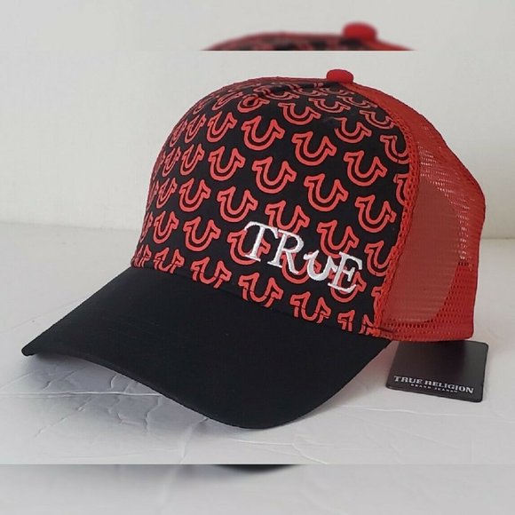 TRUE RELIGION ALLOVER HORSESHOE TRUE TRUCKER HAT MEN'S ADJUSTABLE OS BLACK/RED - Picture 1 of 10